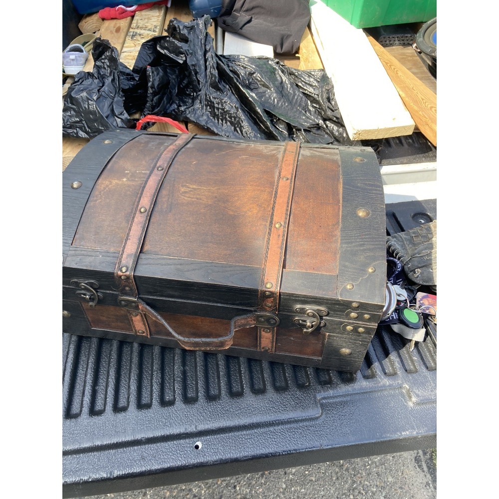 VINTAGE 12" Wooden Leather Chest with Bronze Details, Antique Filled With beanie